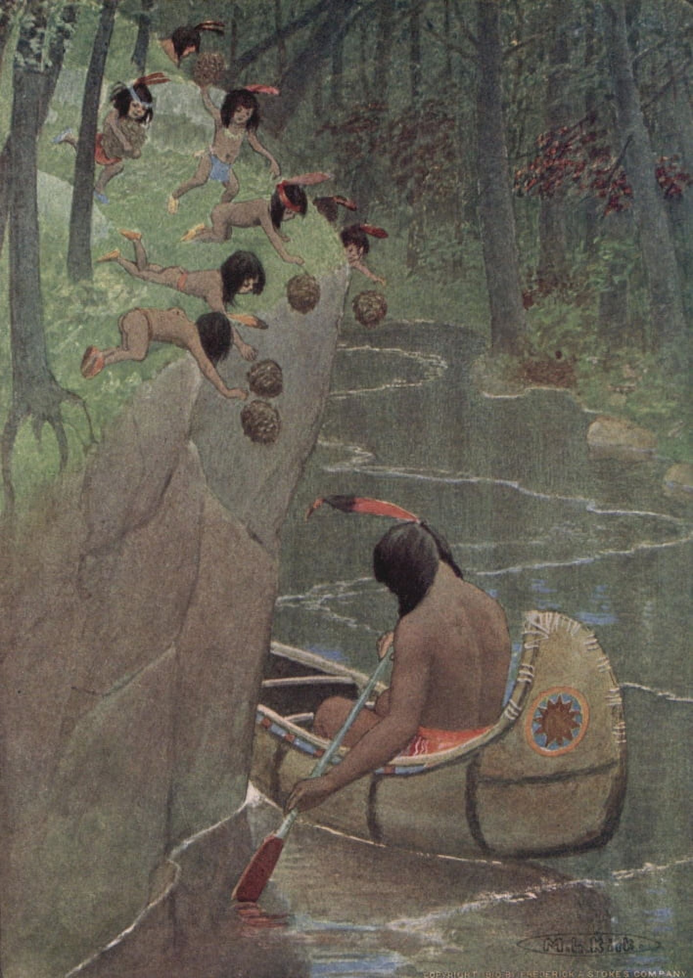 Story of Haiwatha 1910 They hurled down pinecones Canvas Art - Maria Kirk (24 x 36)