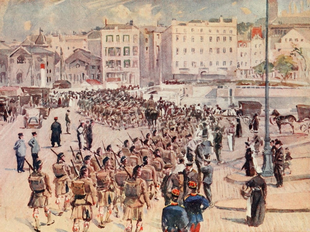 Story of Highland Regiments 1915 Argyll & Sland into Boulogne 1914 Canvas Art - Frederick Watson (18 x 24)