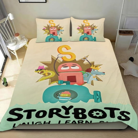 A StoryBots Cartoon 3 Piece Bedding Set Comforter Set Cute Duvet Cover Sets Super Soft Girls Bedding Set Kids Bedroom Gifts,1 Duvet Cover with 2 Pillowcases Twin