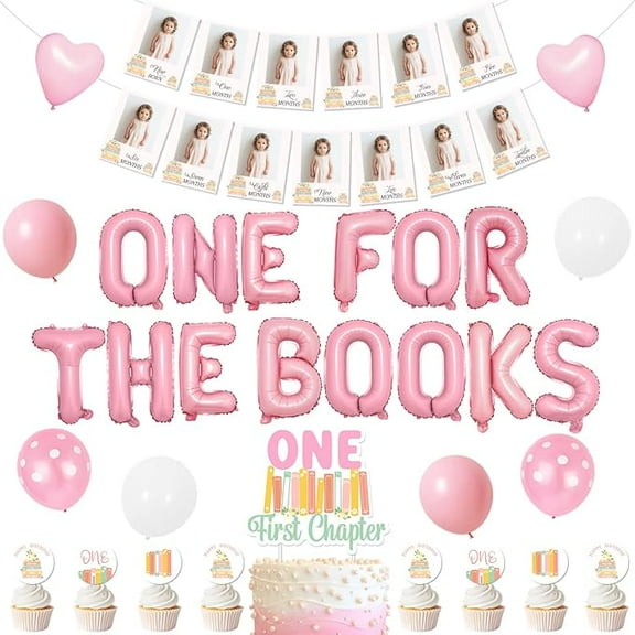 Storybook 1st Birthday Party Decorations, One For The Books Pink Balloons Decoration Book Themed 1st Birthday Photo Banner First Chapter Cake and Cupcake Toppers Library Book Club Supplies