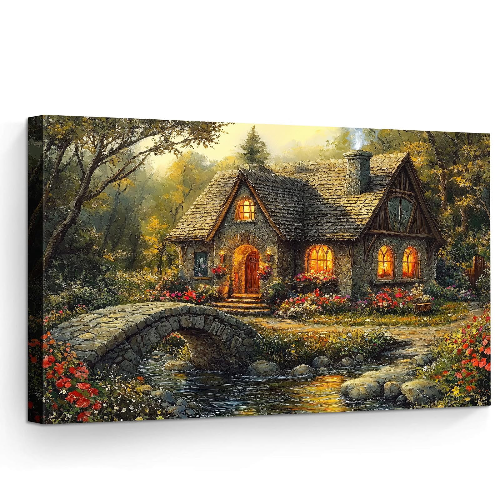Rustic Simple Headstone Storybook Cottage Canvas Wall Art, Cozy Stone Cottage with Arched ...