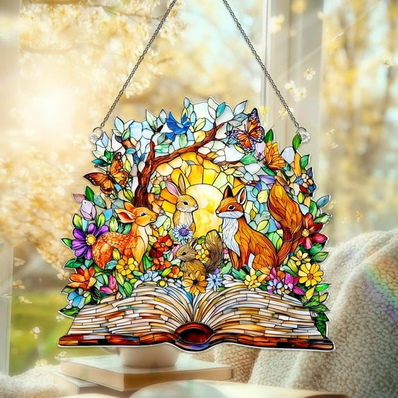 Storybook Forest Acrylic Suncatcher, Wildlife Animal Window Hanging, Nature Lovers Home Decor