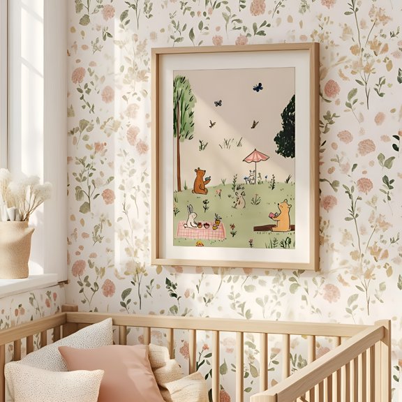 Storybook Forest Animal Picnic Poster Whimsical Cartoon Wall Art Pastoral Landscape Decor for Bedroom Living Room Office Dorm Restaurants Hotels, UNFRAMED 8x12