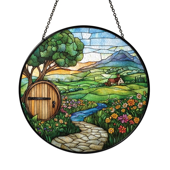 Storybook Hill House Illustration Stained Glass Style Window Hanging – Scenic Decor