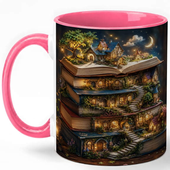 Storybook Village 11oz Ceramic Mug, Fantasy Book Stack Coffee Cup