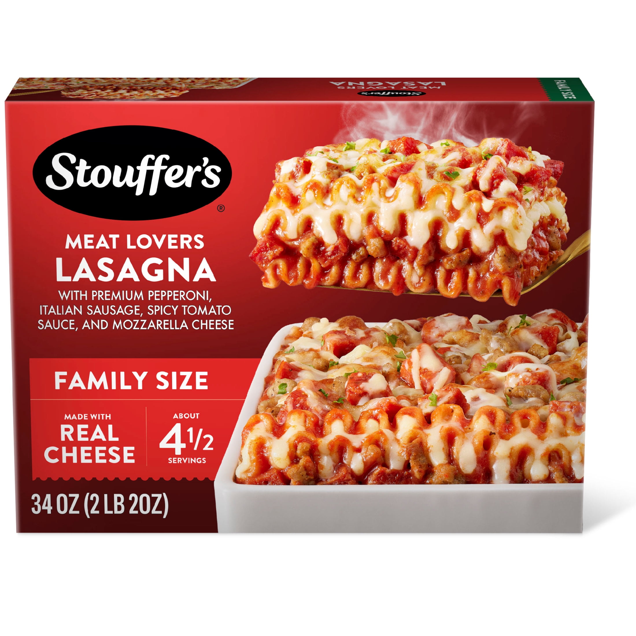 MEAT LOVERS LASAGNA WITH A HEARTY TOMATO SAUCE, PEPPERONI, ITALIAN SAUSAGE, GROUND BEEF AND PORK, MEAT LOVERS LASAGNA