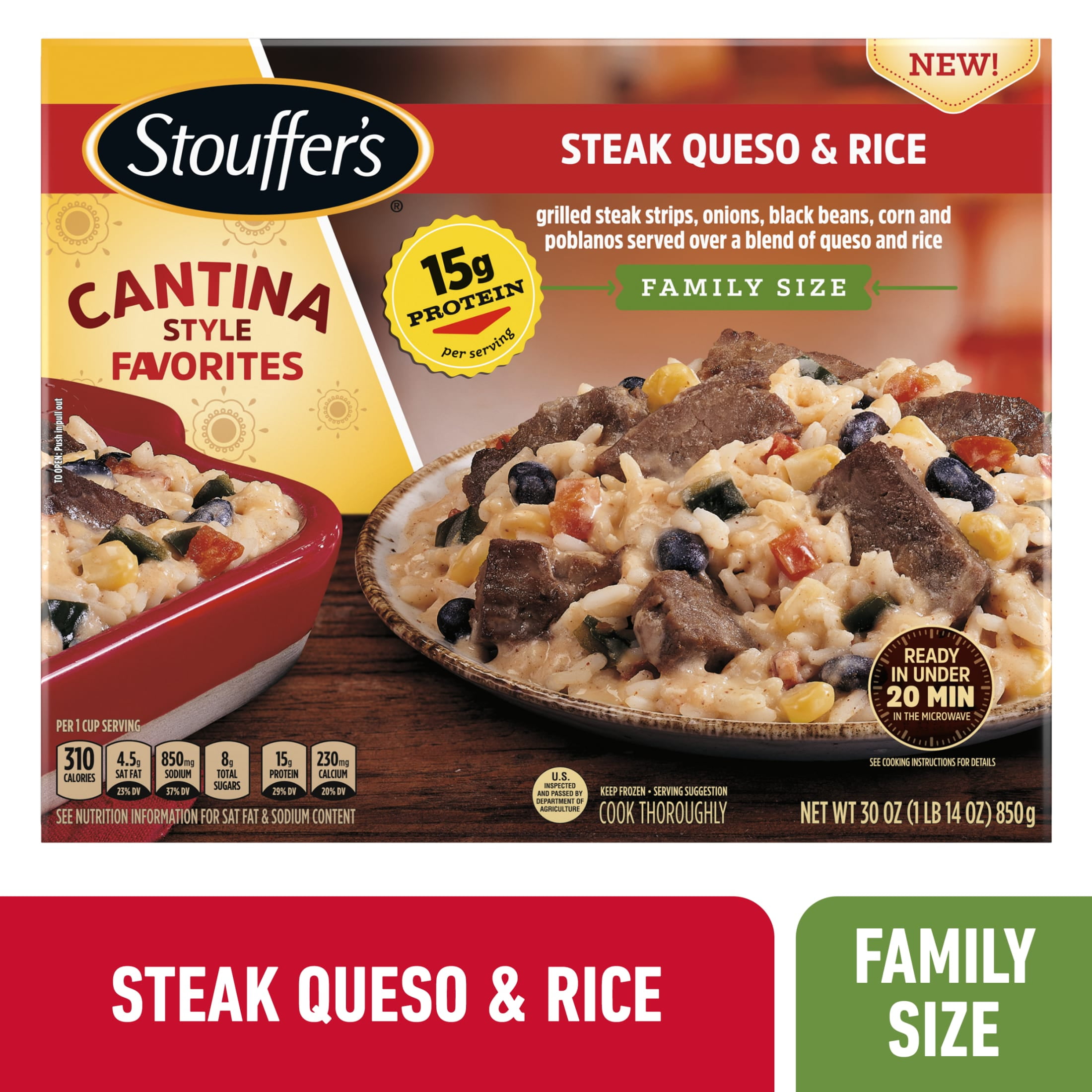Stouffers Steak Queso & Rice, Family Size, Frozen Dinner, Easy Family Frozen Dinners 30 oz