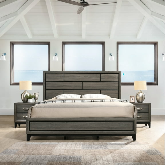 Stout 3-Piece Panel Bedroom Set with King Bed and Two Nightstands, Gray Finish