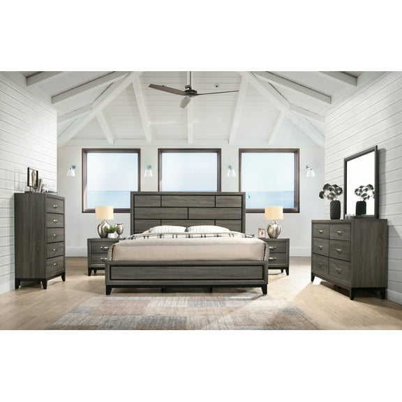 Stout Panel Bedroom Set with Bed, Dresser, Mirror, 2 Nightstands, Chest, Wood, Dark Ash Gray, King Size