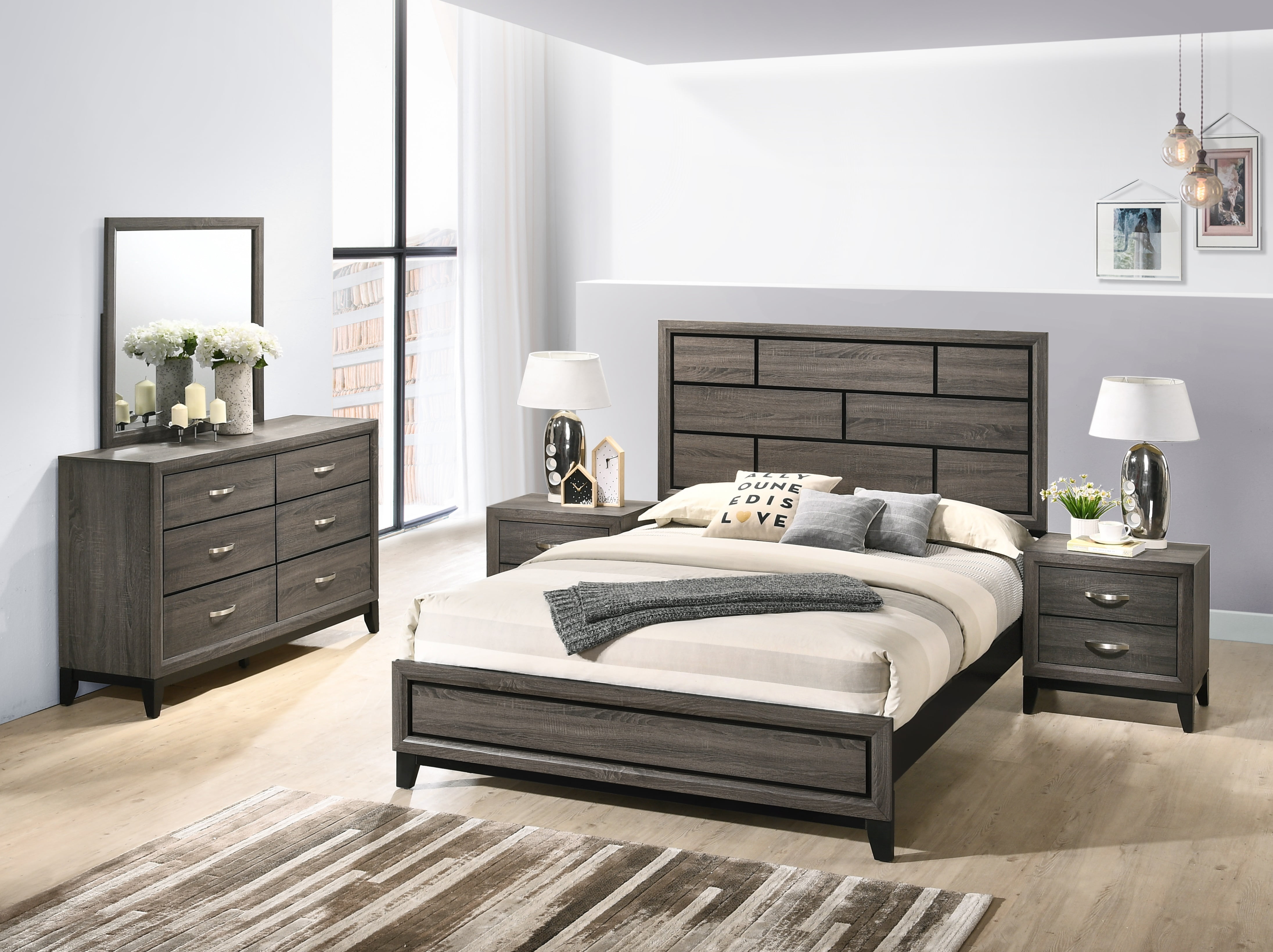 Stout Panel Bedroom Set with Bed, Dresser, Mirror, 2 Nightstands, Wood, Dark Ash Gray, Queen Size Stout Panel Bedroom Set with Bed, Dresser, Mirror, 2 Nightstands, Wood, Dark Ash Gray, Queen Size