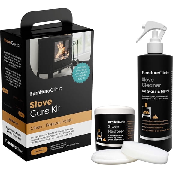 Furniture Clinic Stove Care Kit Clean & Restore Log Burners, Grates, & Fireplaces | Removes Soot & Dirt | One Bottle Glass & Metal Cleaner + Stove Polish | 500ml / 17 Fl Oz Each Bottle