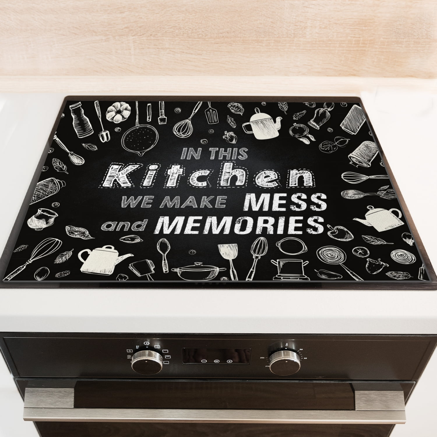 Stove Cover for Electric Cooktop, Black White Kitchen Mess and Memories Print Non-stick Glasstop Stove Cover, Non-slip Decoration Mat for Kitchen RV (28×20 Inch)