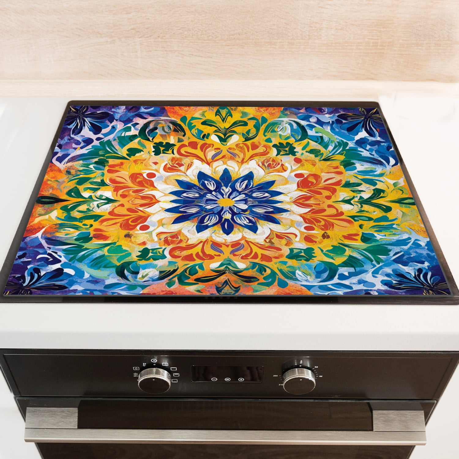 Stove Cover for Electric Flat Cooktop, Boho Mandala Vintage Flowers Glass Stovetop Cover, Heat Resistant Kitchen Decor Cooktop Covers Mat for Kitchen RV (28×20 Inch)