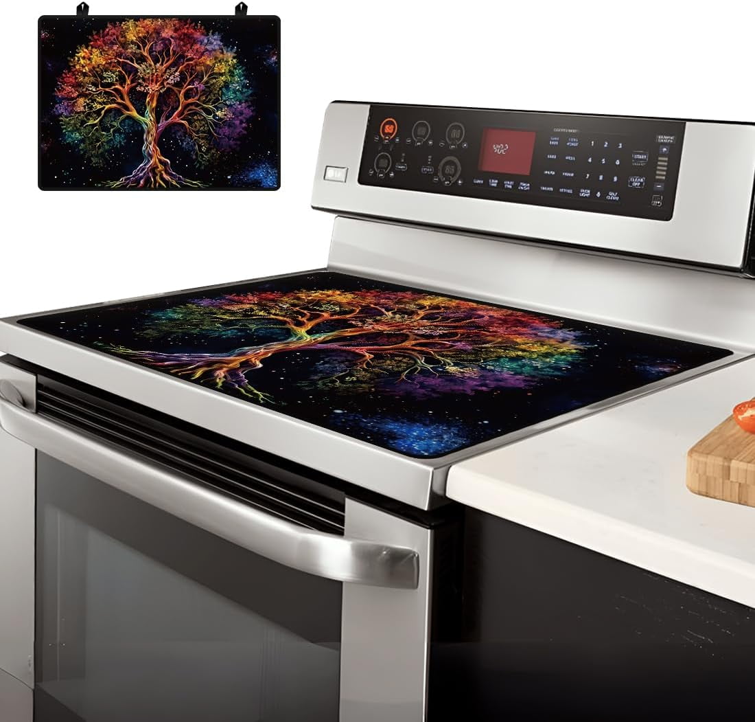 Stove Cover Electric Stove Cover Rubber Glass Stove Top Protector Stove Cover Protector Counter Mat for Electric Stove and Ceramic Granite Tabletop (28.3x20.5 Inch Colorful Tree)