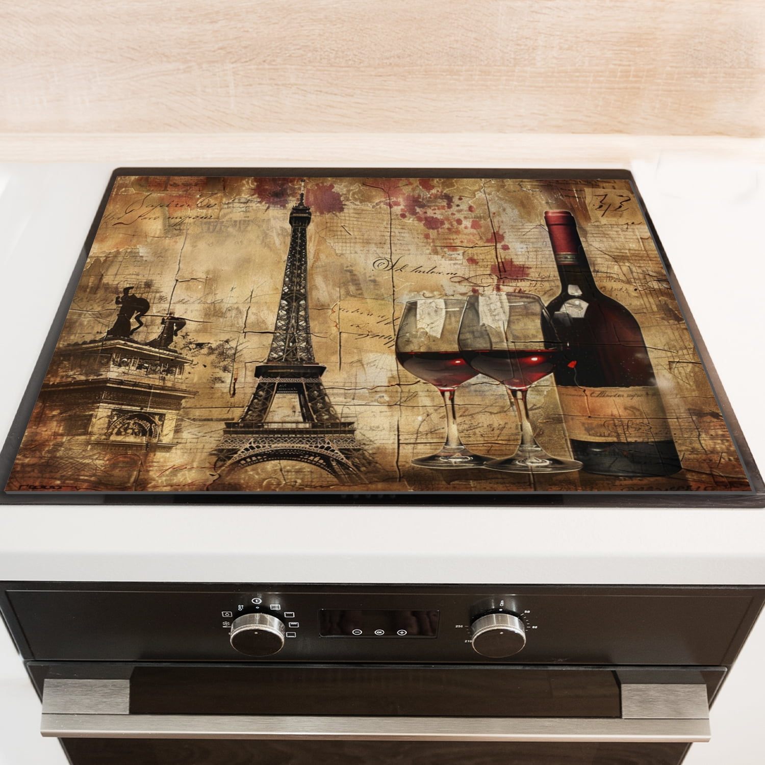 Stove Cover For Gas Stove, Retro Eiffel Tower With Bottles Of Wine, Glass Induction Cooktop Protector Mat for Kitchen RV (28×20 Inch)