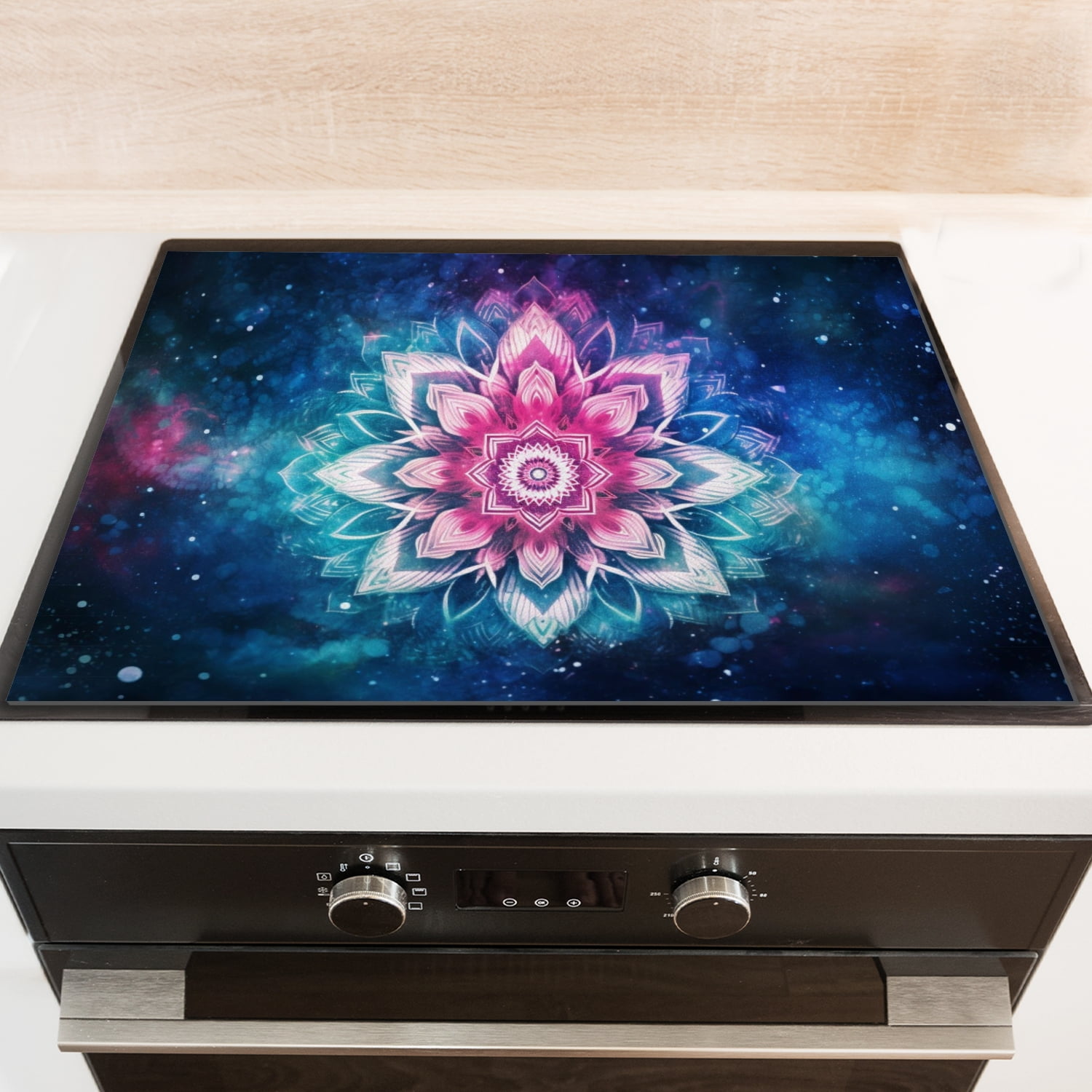 Stove Cover For Gas Stove, Blue and Pink Fantasy Mandala Flower Decorative Glass Induction Cooktop Protector, Square Foldable Multifunctional Protector Mat for Kitchen RV (28×20 Inch)