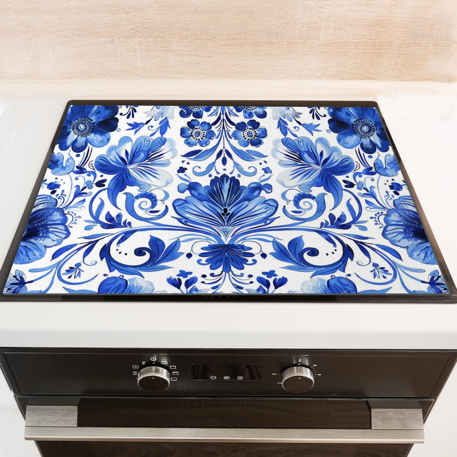 Stove Cover For Gas Stove, Blue and White Pattern with Floral Ornament Print Non-slip Glass Induction Cooktop Protector, Foldable Multifunctional Protector Mat for Kitchen RV (28×20 Inch)