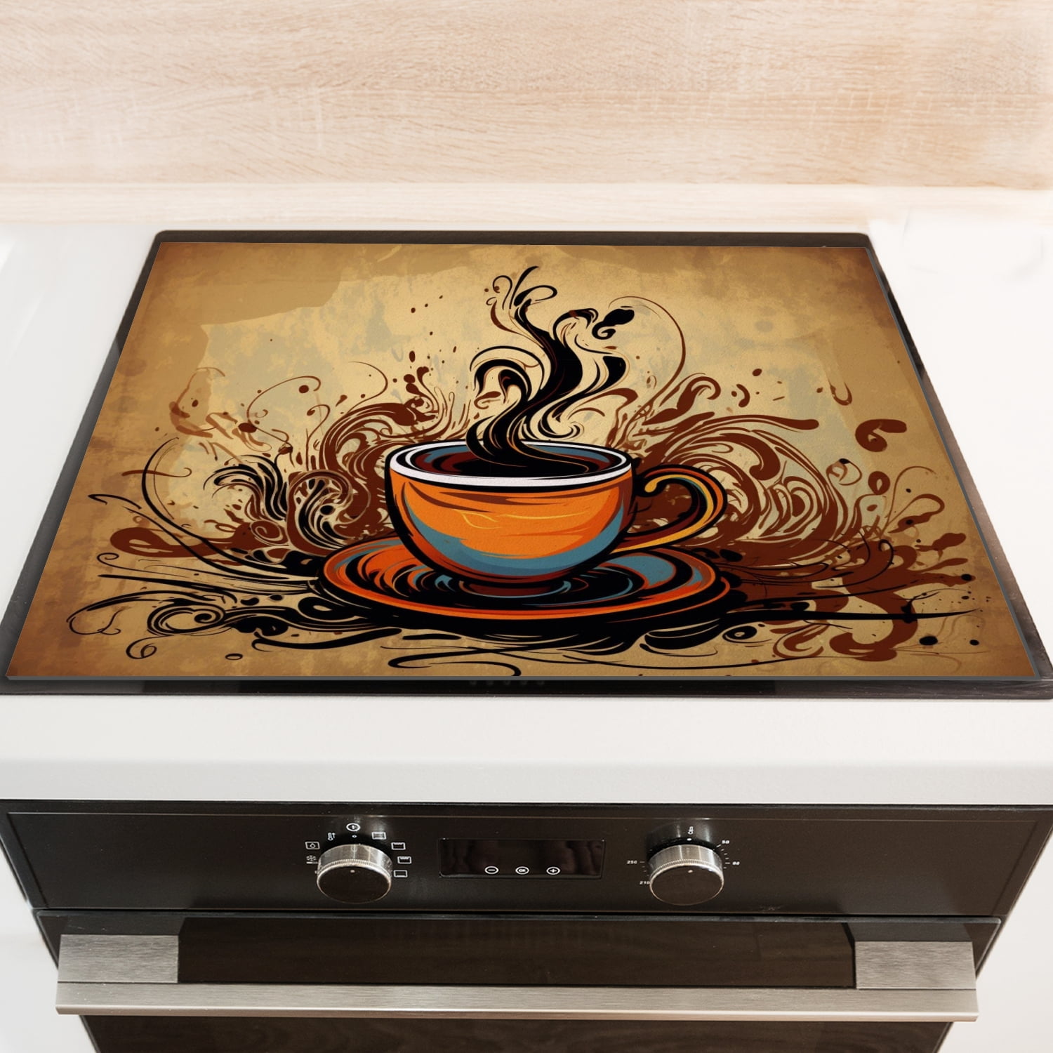 Stove Cover For Gas Stove, Retro Coffee Cup Decorative Glass Induction Cooktop Protector, Square Foldable Multifunctional Protector Mat for Kitchen RV (28×20 Inch)