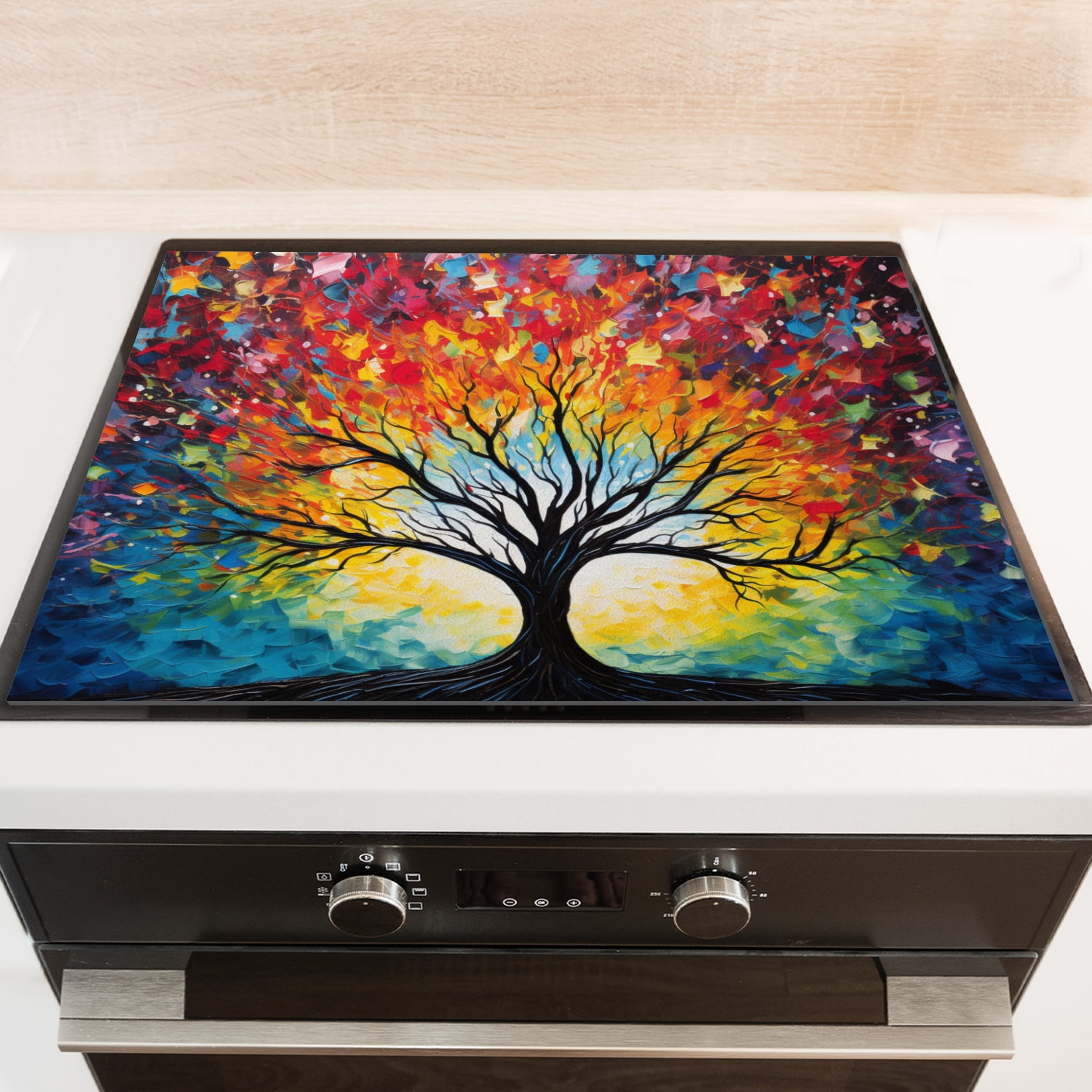 Stove Cover For Glass Top Electric Stove, Colorful Huge Tree of Life Print Foldable Kitchen Coooktop Protector Mat, Square Waterproof Decoration Pad for Kitchen RV(28×20 Inch)