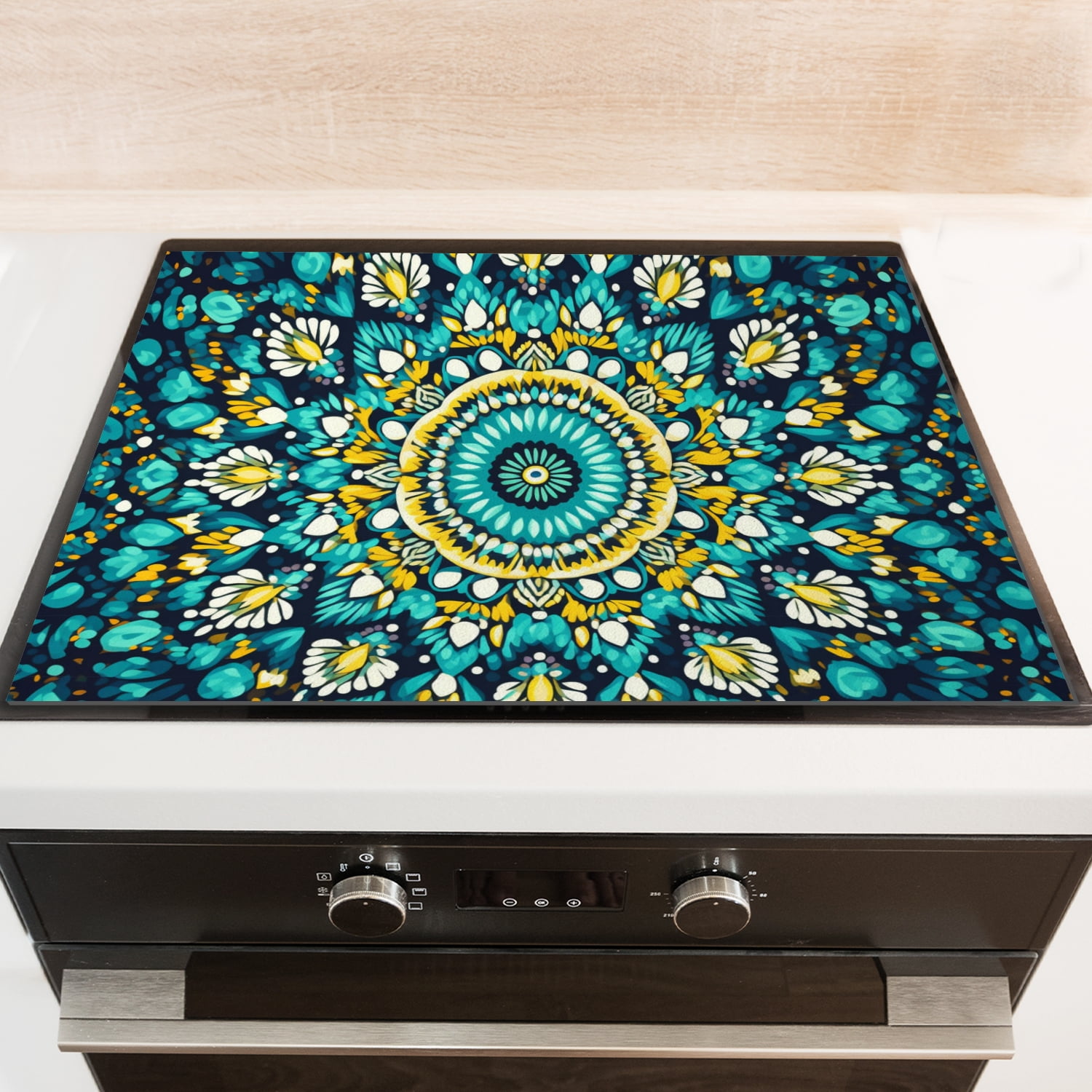 Stove Cover for Stove Top Electric Flat Top, Yellow and Teal Mandala Oven Protector Mat, Square Washable Foldable Range Cover Expands Usable Space for Kitchen RV (28×20 Inch)
