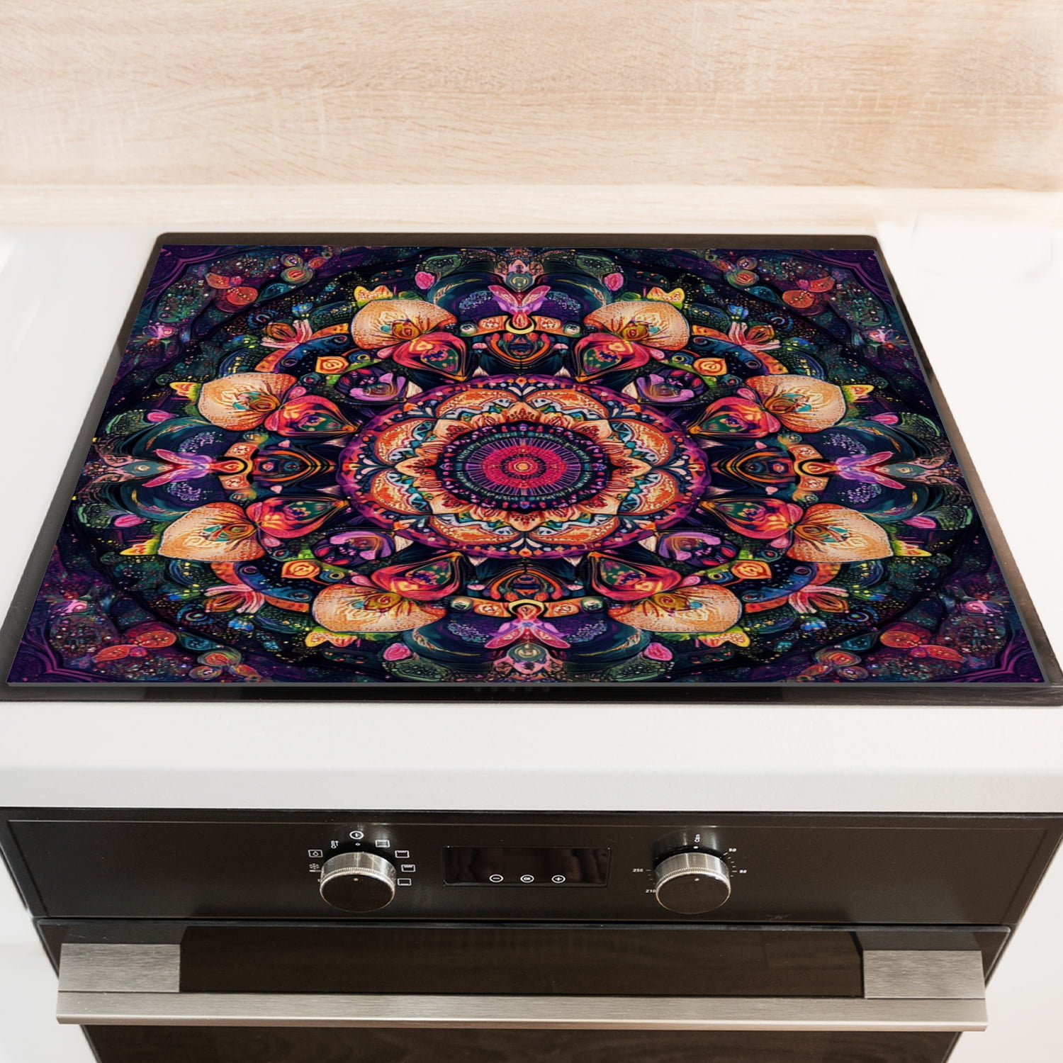 Stove Covers For Electric Glass Stoves, Vintage Floral Mandala Print Glass Heat Resistant Non-Slip Stovetop Protector, Square Kitchen Decor Mat for Kitchen RV (28×20 Inch)
