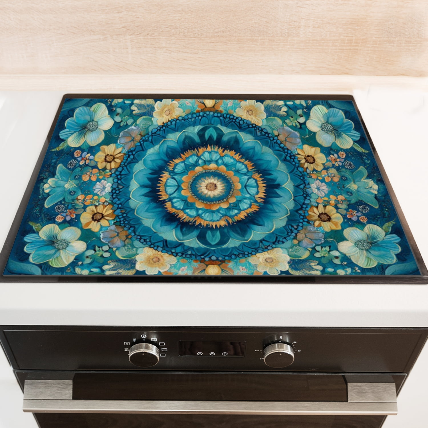 Stove Covers for Gas Burners Stoves, Blue Yellow Flowers Mandala Multipurpose Durable Cooktop Protector, Square Foldable Decorative Pad for Kitchen RV (28×20 Inch)