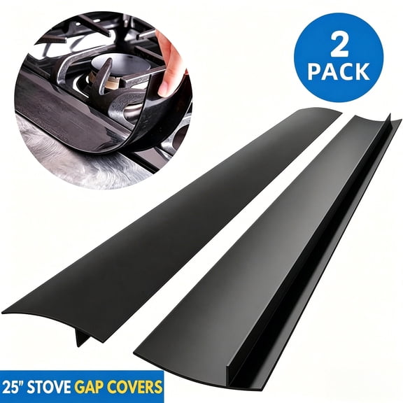 Stove Gap Covers (2 Pack), 25 Inch Black Silicone Heat Resistant Oven Gap Filler Between Stovetop and Kitchen Counter, Easy to Clean