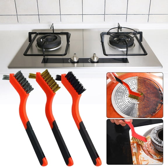 Stove Top Cleaning Brush Set 3 Pack - Double Headed Kitchen Cooktop Scrub Brush with Stainless Steel Nylon and Copper Bristles - Rust Removal Scouring Brush for Gas Range Grill Griddle Cleaning