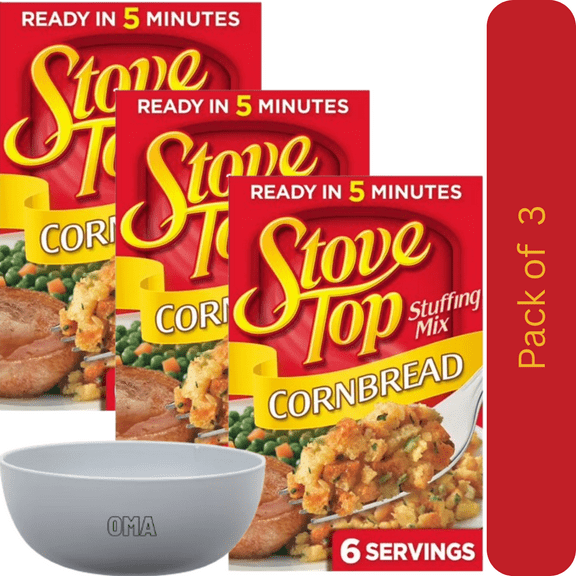 Stove Top Cornbread Stuffing Mix Side Dish, 3 Pack (6 oz Each)  with Bowl by OMA
