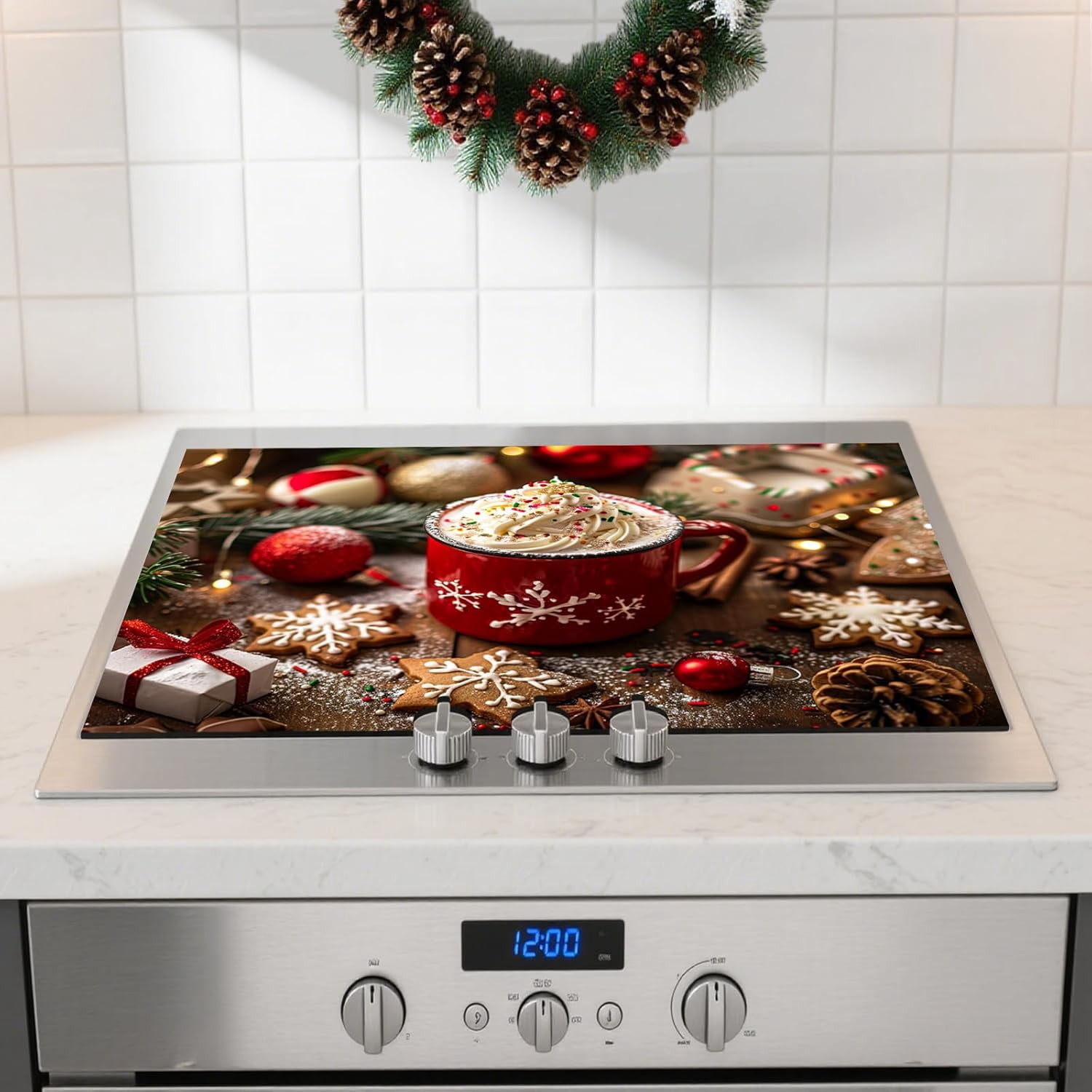 Stove Top Cover 28.35×20.47inch,Red cup and gift pattern Stove Cover, Polyester & Diatom Mud Blend, Fun Pattern Decor