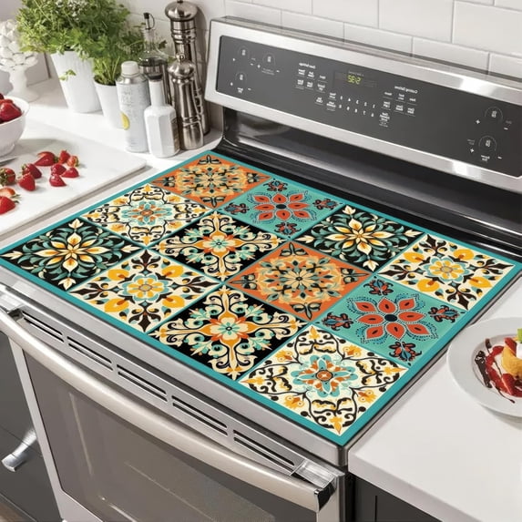 Stove Top Cover 28x20 Inch Diatomite Kitchen Mat Spanish Tile Boho Style Heat Resistant Coffee Mat Stove Cover for Electric Pad Countertop Protector Kitchen Decor