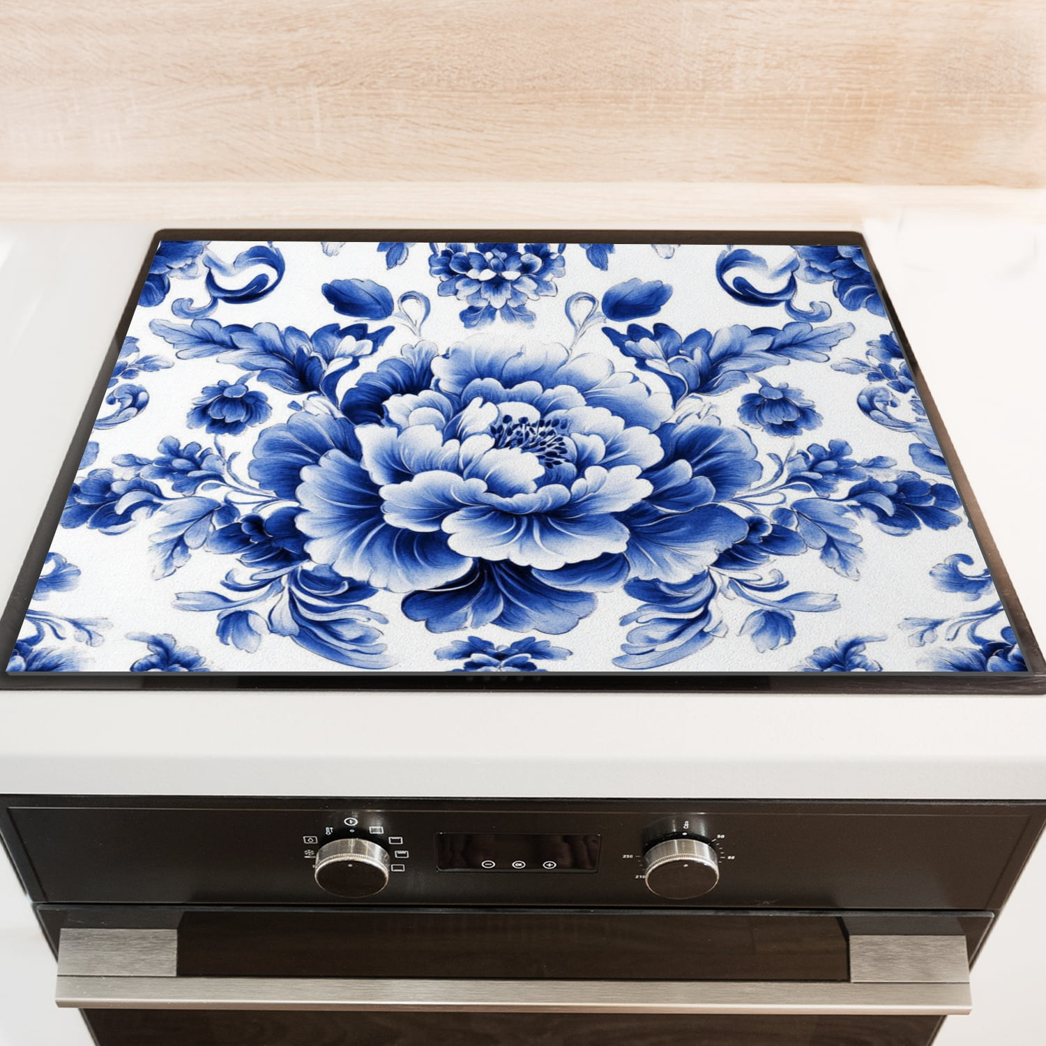 Stove Top Cover, Blue And White Porcelain Pattern Symmetrical Composition Diatomite Kitchen Counter Protector, Square Washable Foldable Mat for Kitchen RV (28×20 Inch)