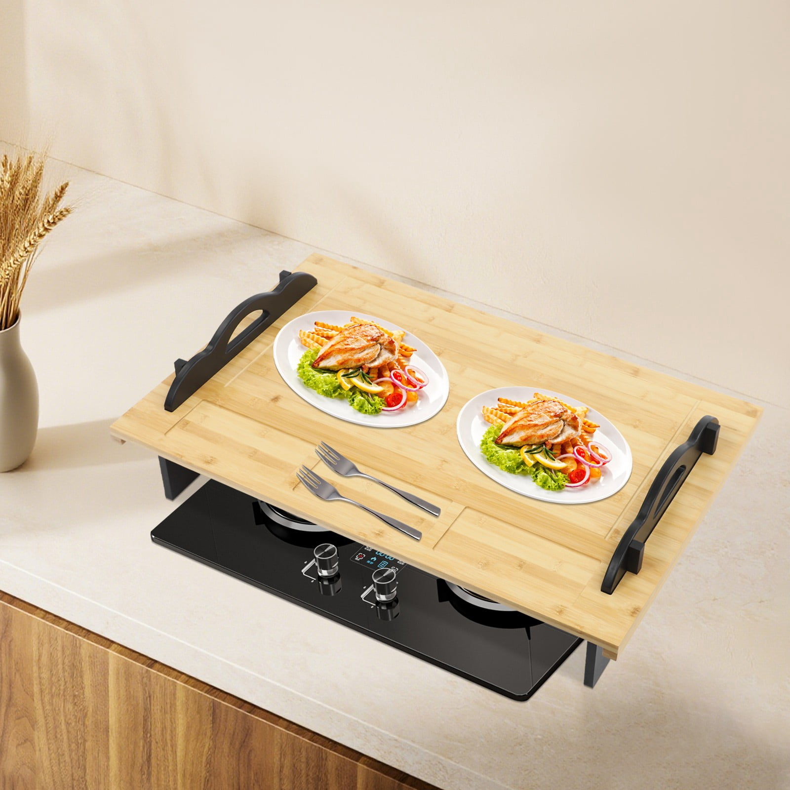 Stove Top Cover Board with Handles for Gas & Electric Stoves Wood Color