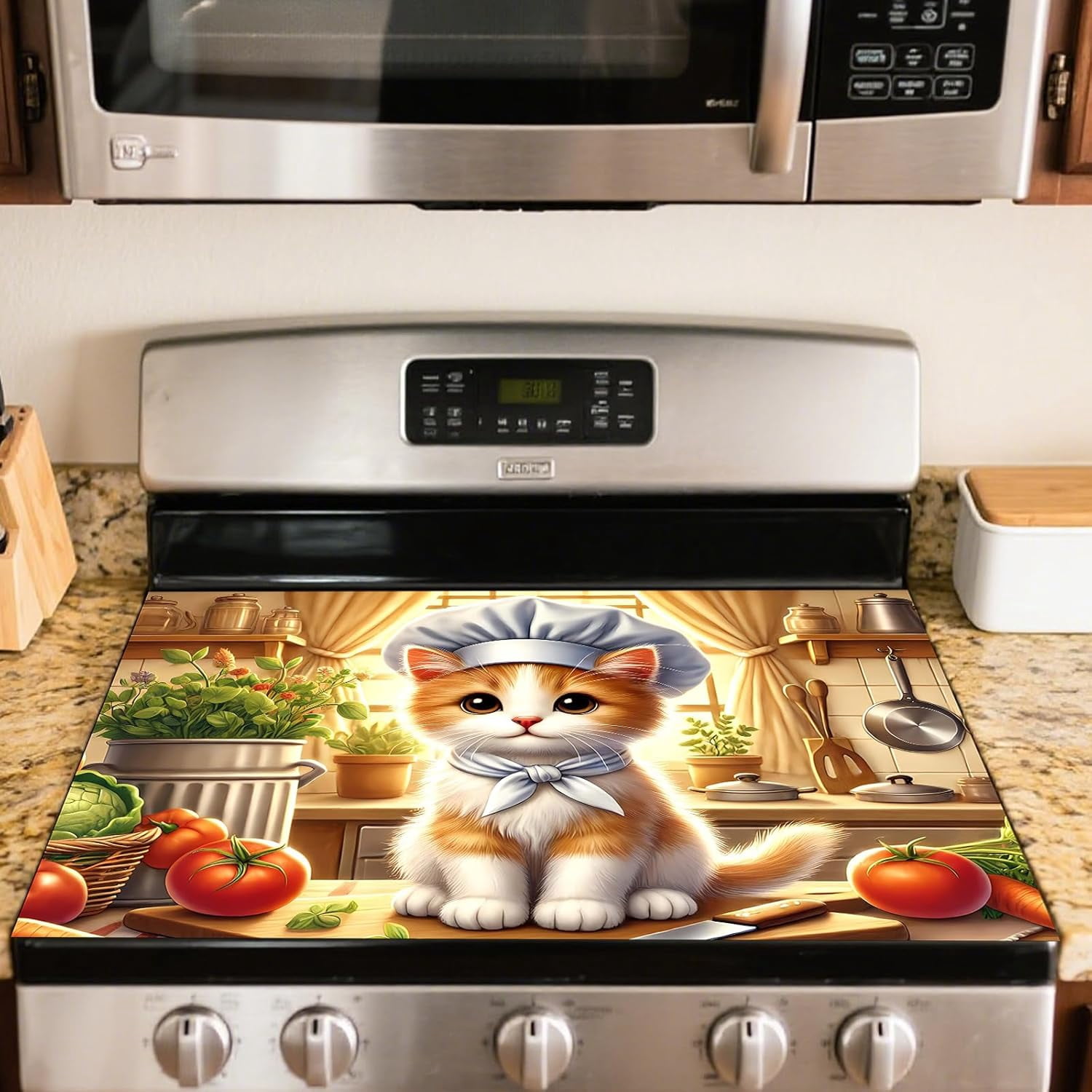 Stove Top Cover Chef Cat Design 20.47x28.34inch Polyester-Diatom Mud Blend Glass Stove Top Cover Protector for Kitchen Decor