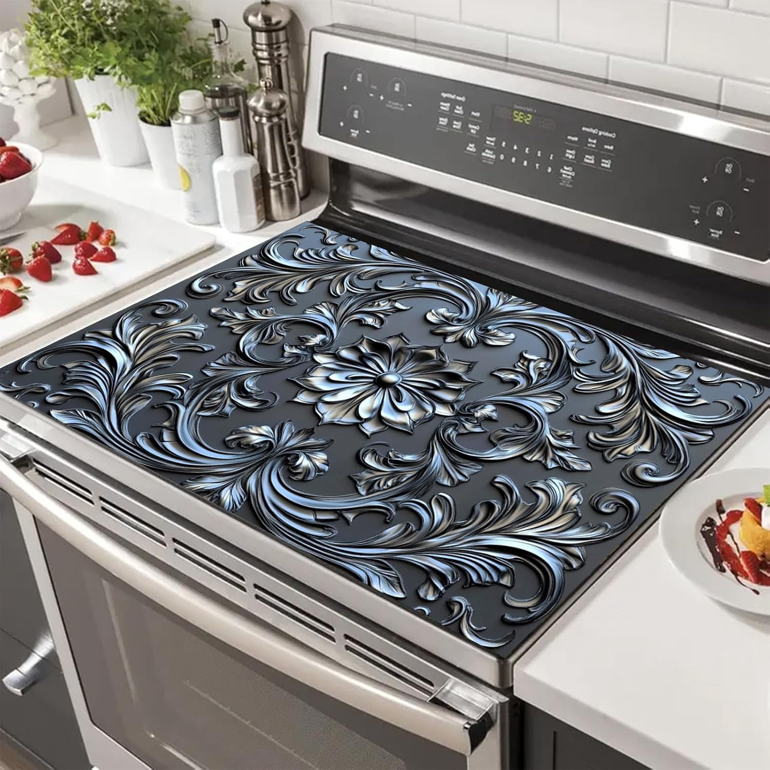 Stove Top Cover for Electric 28x20 Inch Silicone Diatomaceous Stove Mat for Glass Top Earth Pad with Embossed Baroque Floral Pattern for Countertop Coffee Maker Dish Drying Area