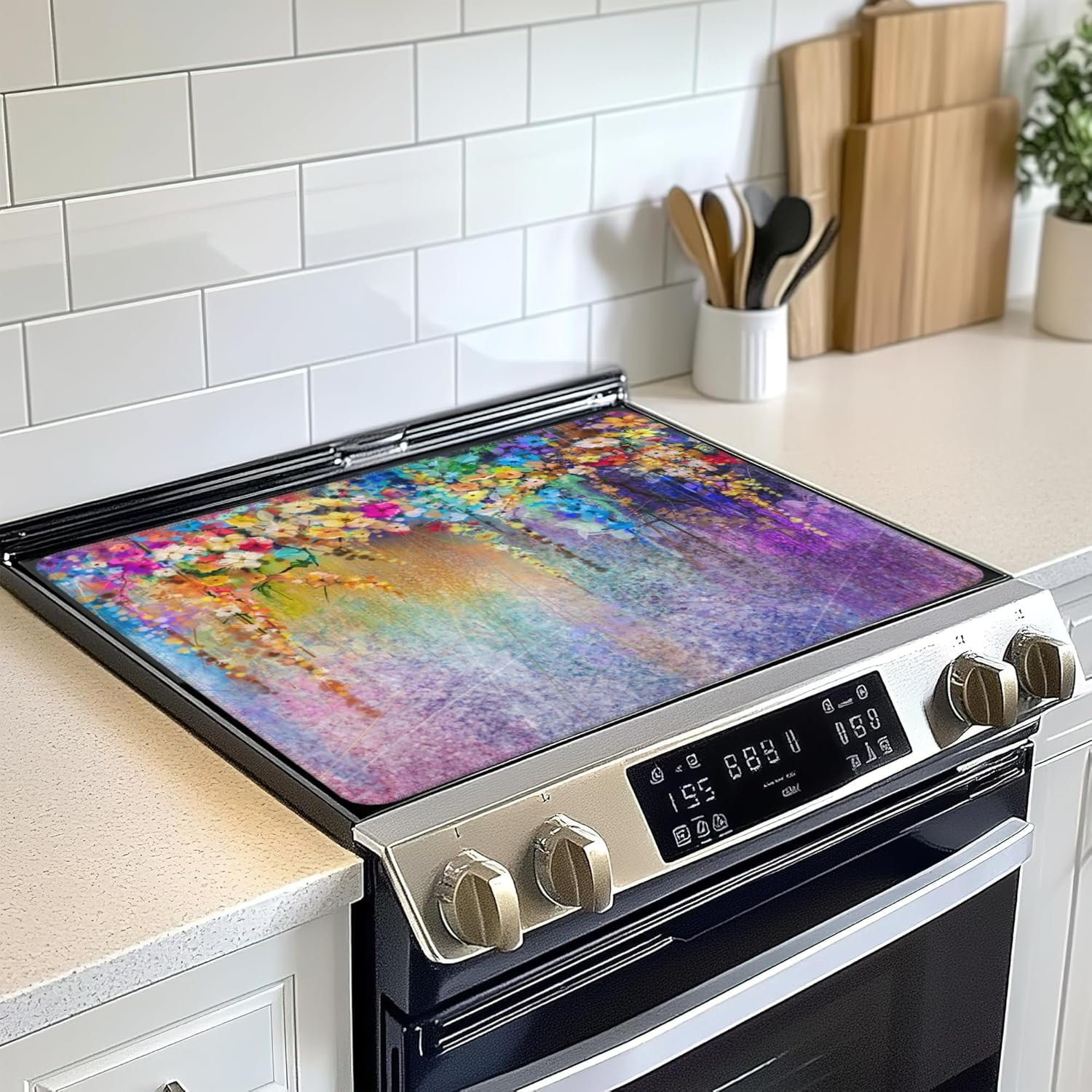 Stove Top Cover for Electric, Colorful Flowers Watercolor Plants Glass Ceramic Stove Cover,Heat Resistant Flat Stovetop Protector, Dish Drying Mats for Kitchen