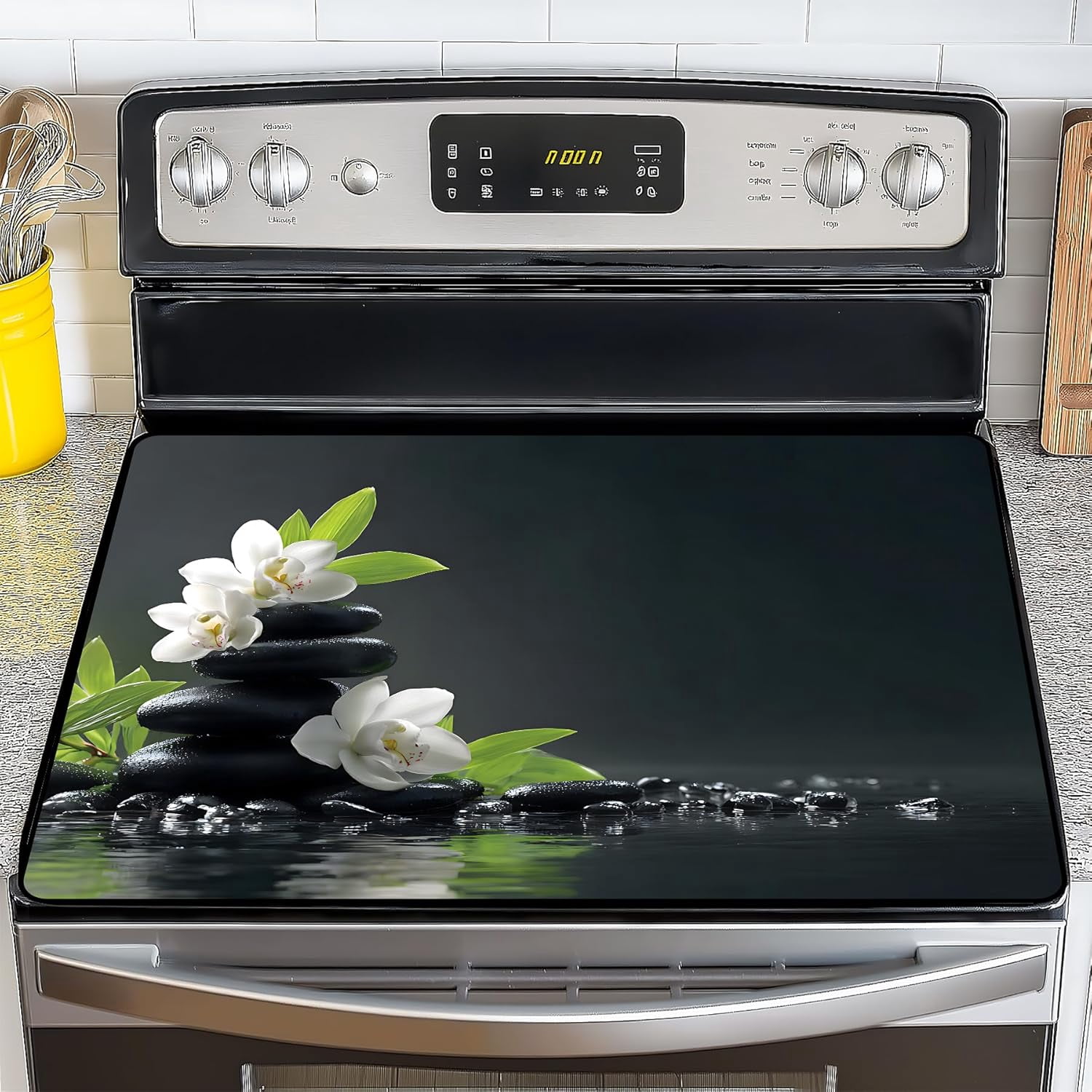 Stove Top Cover for Electric/Glass Stove, Flat Top Cooktop Protector, Electric Cooktop Cover, Extra Counter Space for Kitchen (White Orchid Stacked Stones)