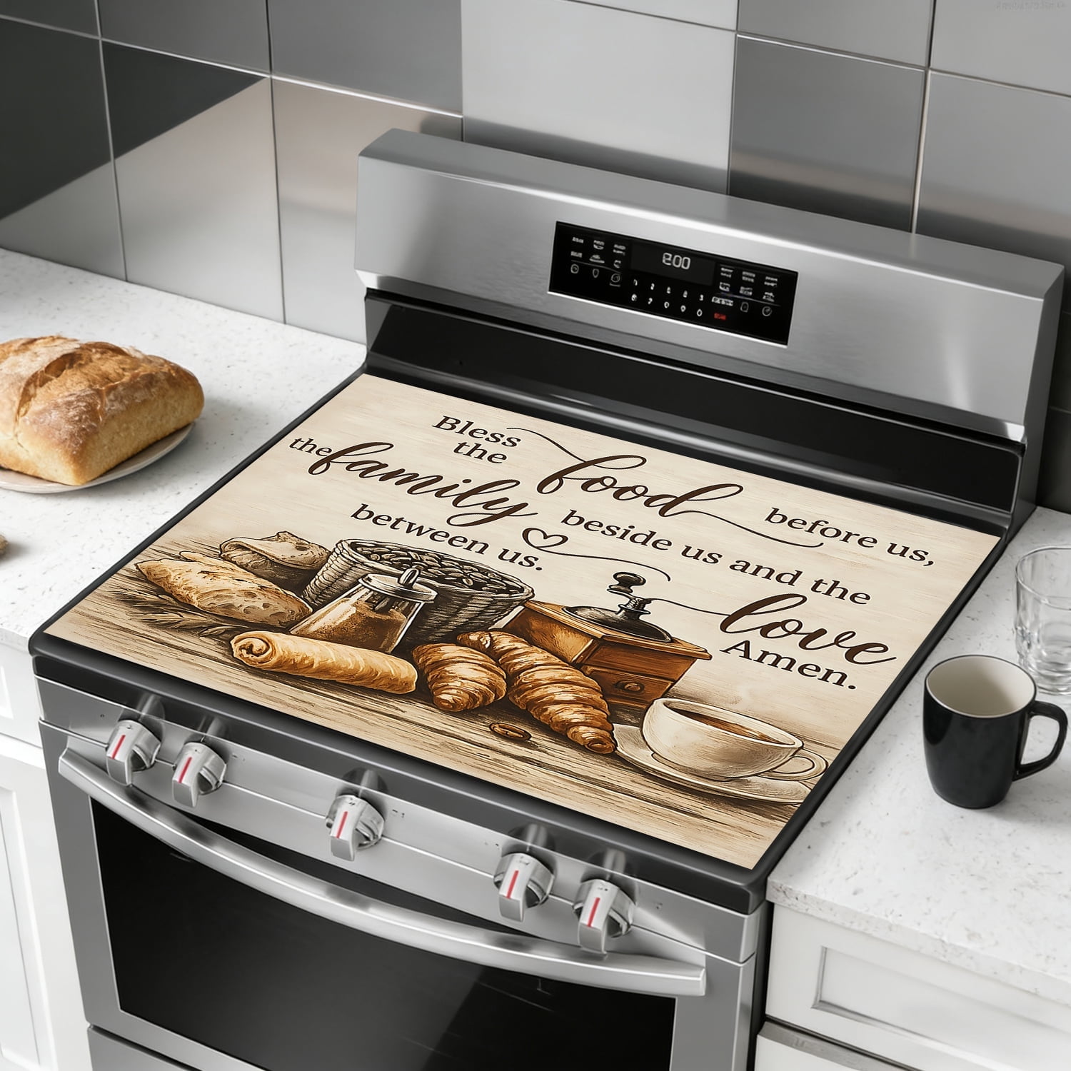 Stove Top Cover for Electric Stove, 28.5" x 20.5" Heat Resistant Glass Cooktop Cover Mat, Multi-Purpose Countertop Protector for Stove & Washer Top, “Bless the Food” Kitchen Decor