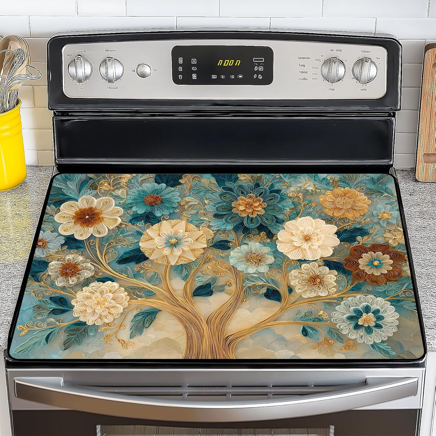 Stove Top Cover for Electric Stove 28.5x20.5 Inch Silicone Stove Topper & Protector, Decorative Kitchen Mat for Electric/Glass Stove Top (Cream & Gold Floral Tree)