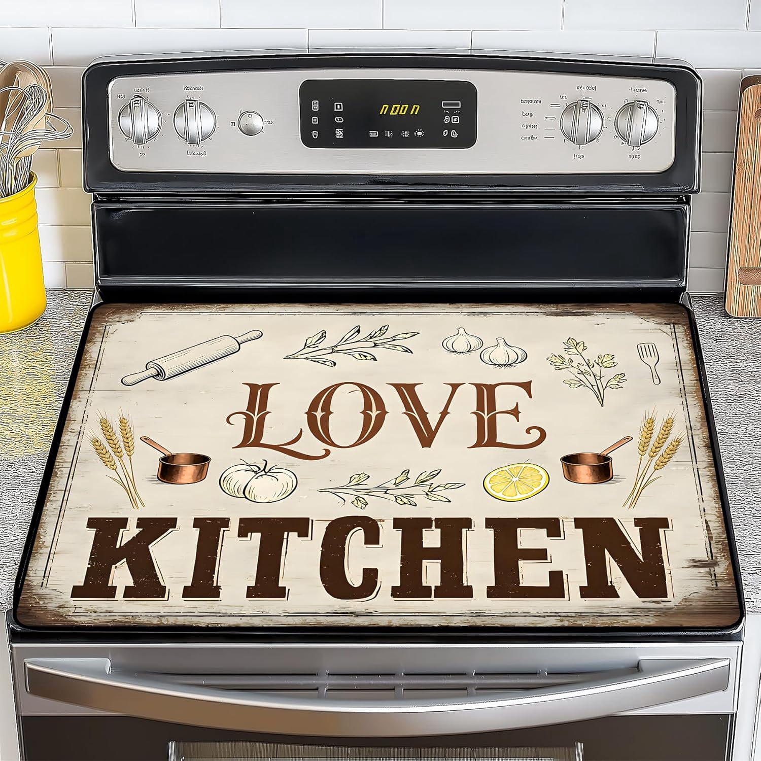 Stove Top Cover for Electric Stove 28.5x20.5 Inch Silicone Stove Topper & Protector, Decorative Kitchen Mat for Electric/Glass Stove Top (Rustic Farmhouse Kitchen)