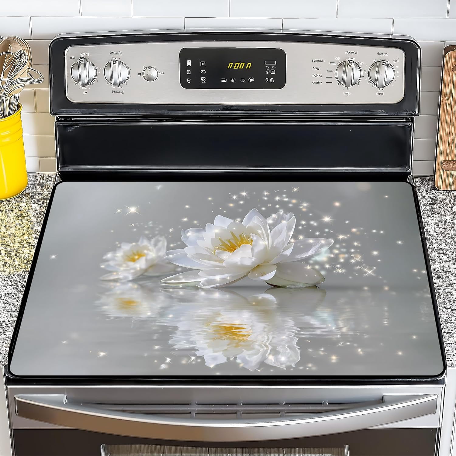 Stove Top Cover for Electric Stove 28.5x20.5 Inch Silicone Stove Topper & Protector, Scratch-Resistant Decorative Kitchen Mat for Electric/Glass Stove Top (Glittering White Lotus)