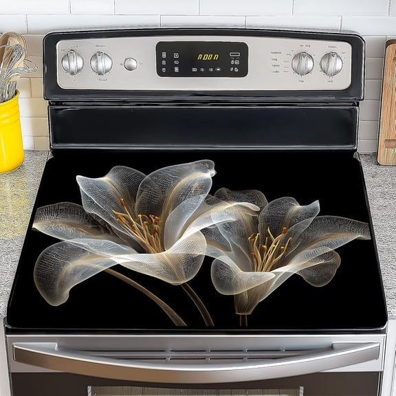 Stove Top Cover for Electric Stove 28.5x20.5 Inch Silicone Stove Topper & Protector, Scratch-Resistant Decorative Kitchen Mat for Electric/Glass Stove Top (Transparent Lily)