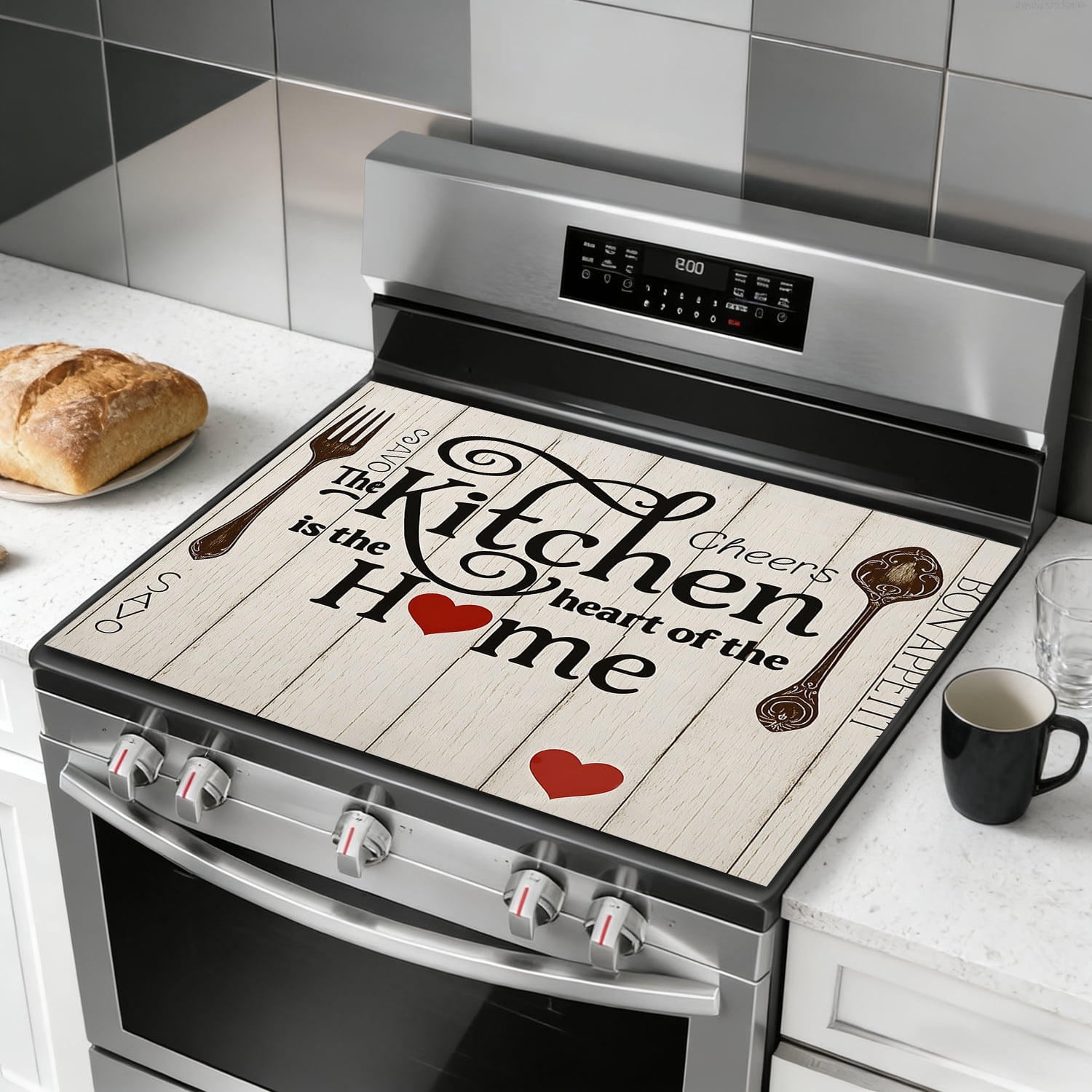 Stove Top Cover for Electric Stove, 28" x 20" Heat Resistant Glass Cooktop Protector Mat, Expands Counter Space, Multi-Purpose Countertop & Stove Cover, Farmhouse “Kitchen is the Heart of the Home” D