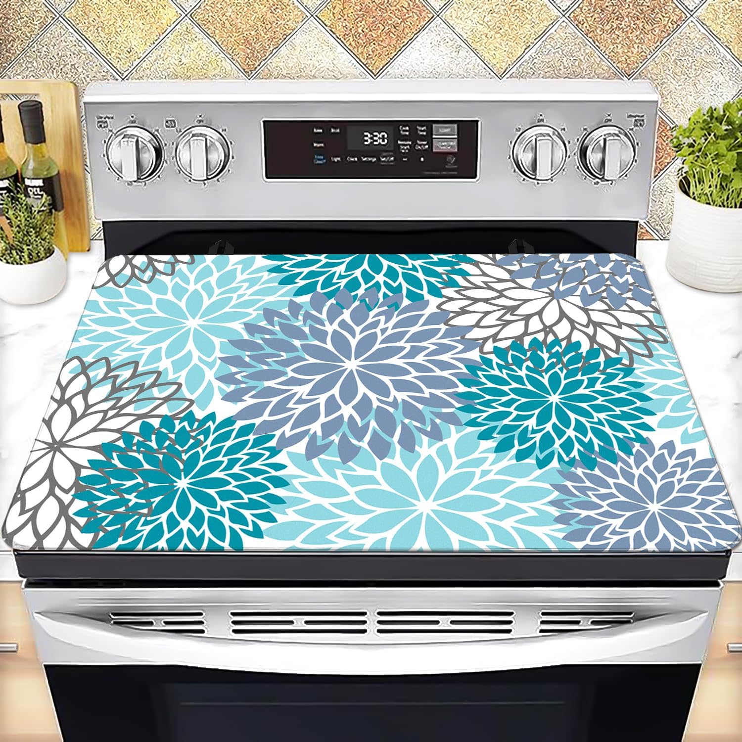 Stove Top Cover for Electric Stove 28 "x 20 ", Teal Bule Flora Heat Resistant Glass Top Stove Cover Protector, Glass Cooktop Covers, Kitchen Flat Stove Top Covers for Electric Stove
