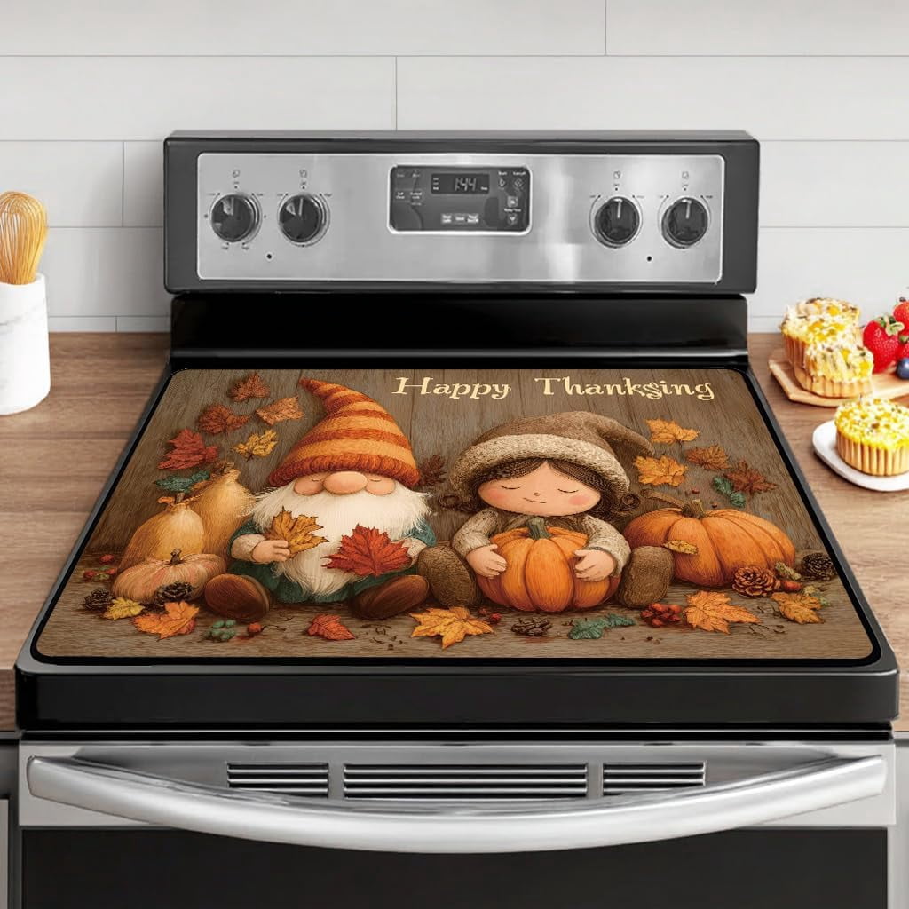 Stove Top Cover for Electric Stove - Happy Thanksgiving Day - Heat Resistant Glass Cooktop Cover,Little Girl & Gnomes Glass Cooktop Protector, Multipurpose Stove Top Protector