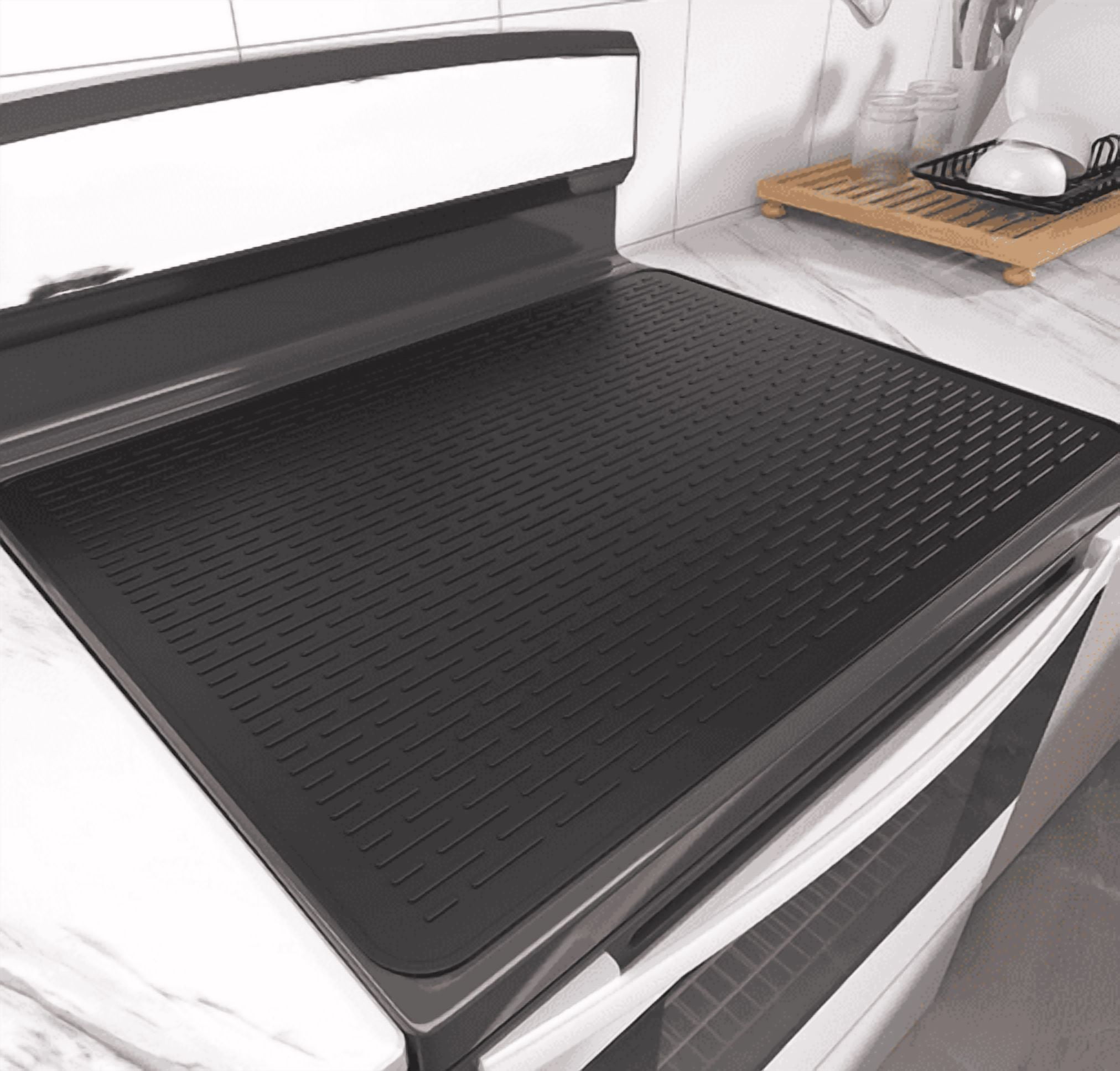 Stove Top Cover for Electric Stove- Range Covers for Electric Stove,Silicone XXL Dish Drying Mat, Glass Cooktop Covers, Flat RV Range top Mats (Black, 28"x20")