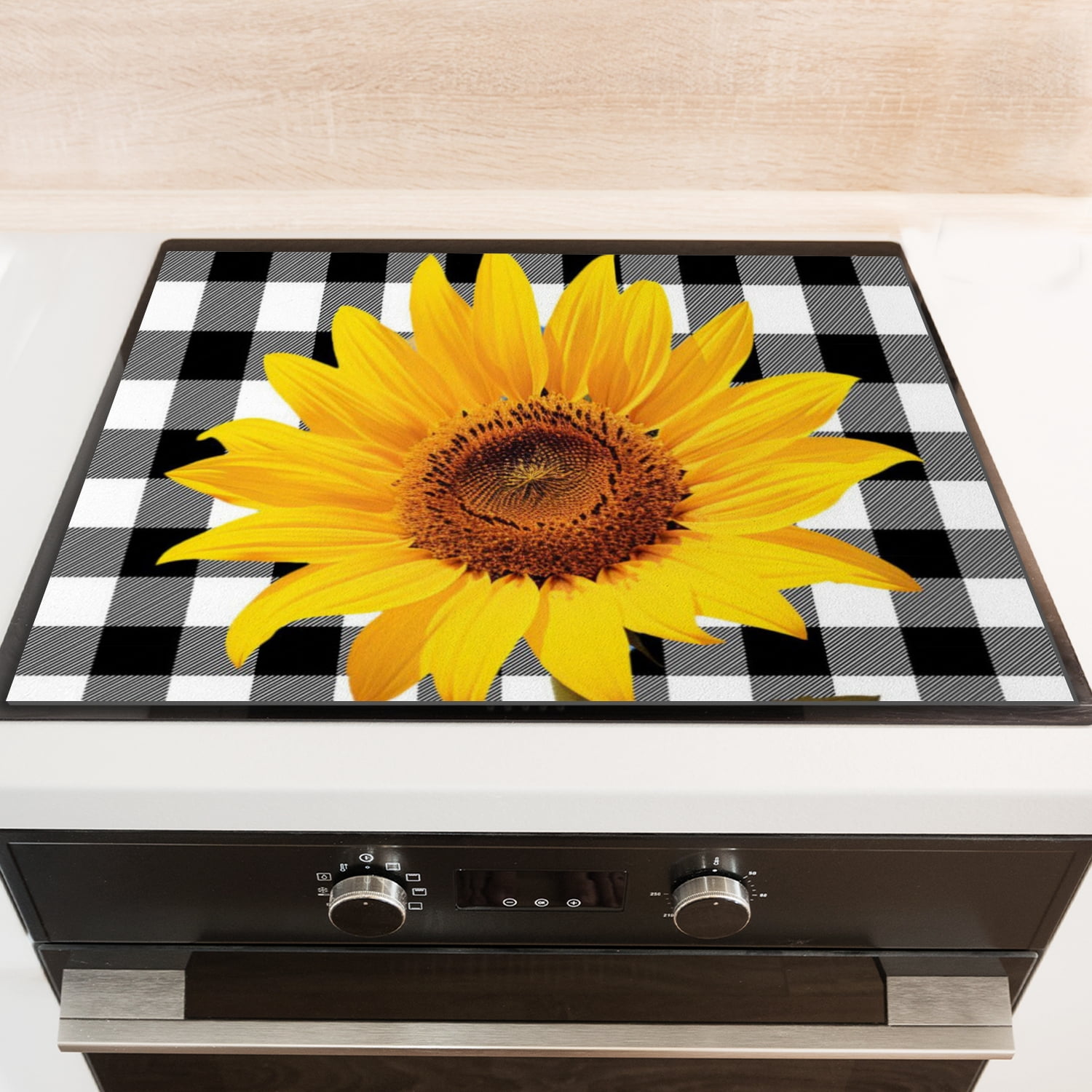 Stove Top Cover For Gas Stove, Sunflower on Checkered Background Non-Slip Ceramic Cooktop Cover, Washable Foldable Modern Decorative Mats for Kitchen RV (28×20 Inch)