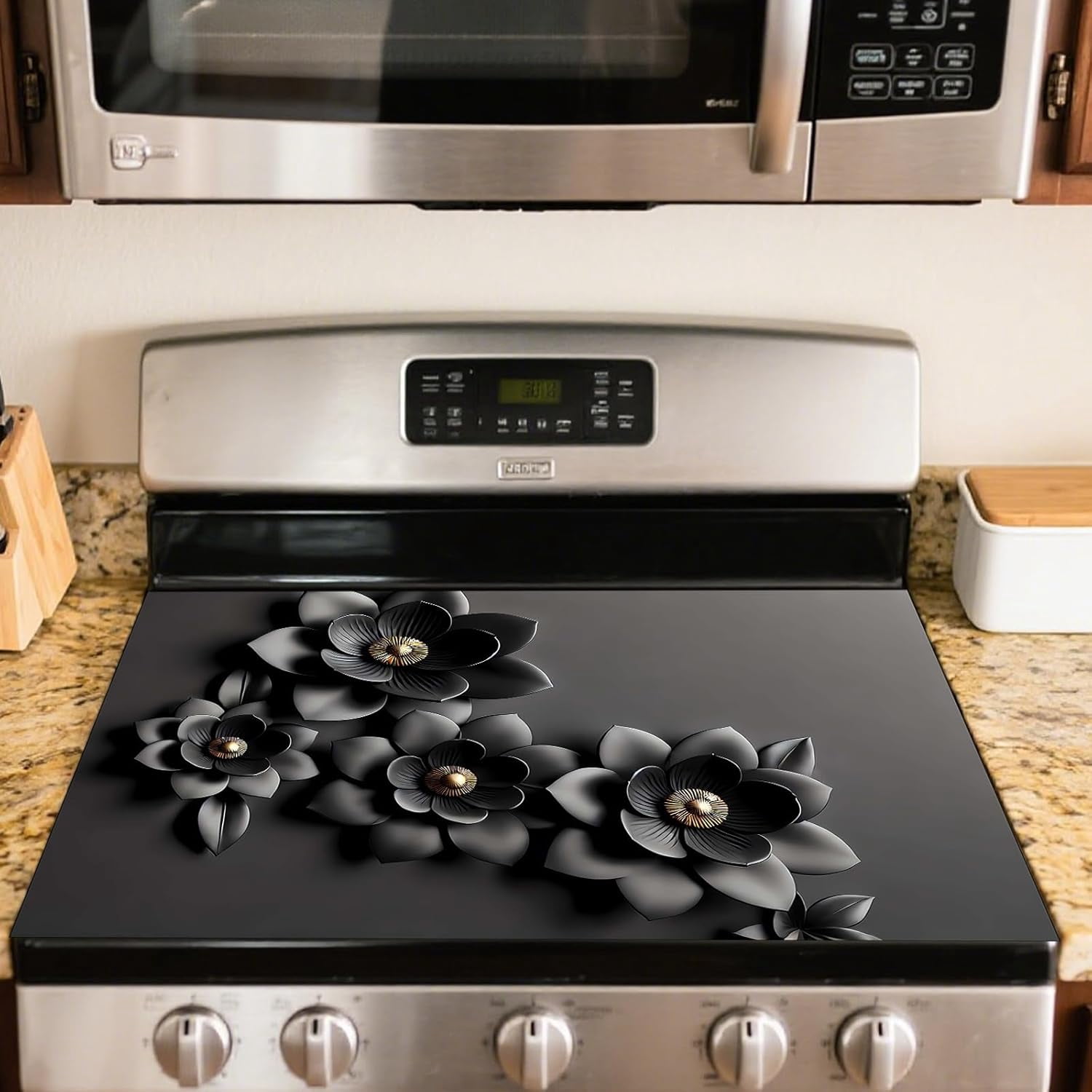 Stove Top Cover Polyester & Diatom Mud Blend 28.35×20.47inches (Black Gray Floral 3D-Look Design) Stove Top Cover for Kitchen, Ideal for Minimalist Decor, Cooking Areas, Home Styling