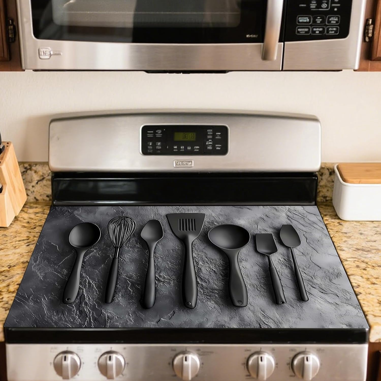 Stove Top Cover Polyester & Diatom Mud Blend 28.35×20.47inches (Black Kitchen Utensils Design) Stove Top Cover for Kitchen, Perfect for Cooking Enthusiasts,Home Decor