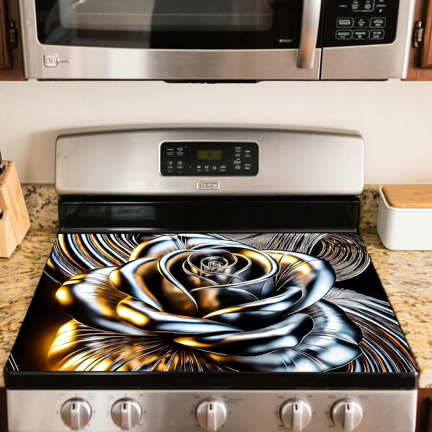 Stove Top Cover Polyester & Diatom Mud Blend 28.35×20.47inches (Metallic Rose Design) Stove Top Cover for Kitchen Decor Cooking Areas, Home Styling